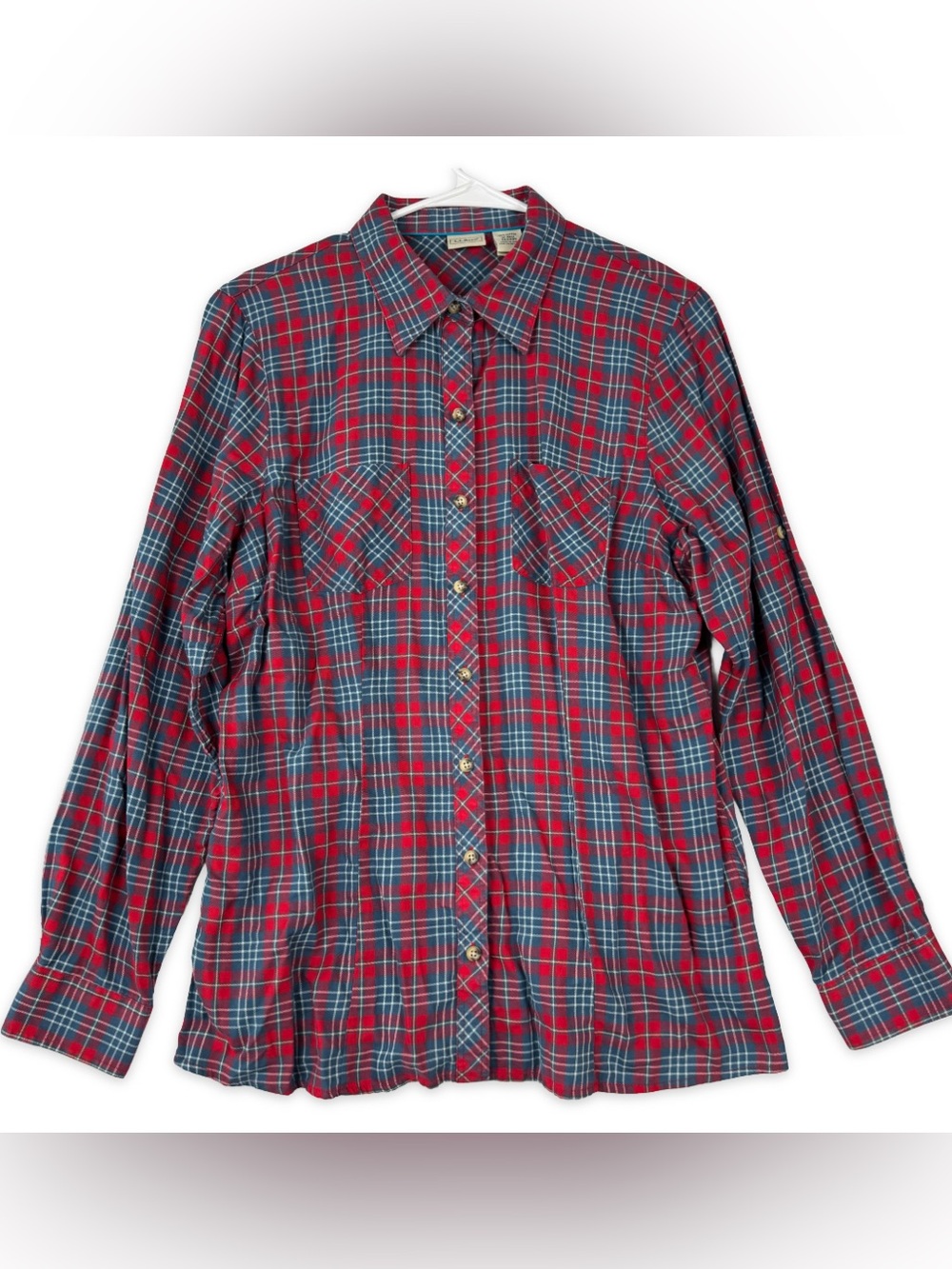 LL Bean Button Down Shirt Womens M Medium Red Blue Plaid Long Roll Tab Sleeve - Picture 1 of 5